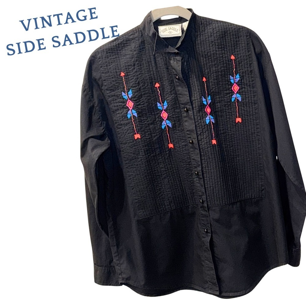 VTG Side‎ Saddle Black Embroidered Western Shirt M Boho Cowgirl Rodeo